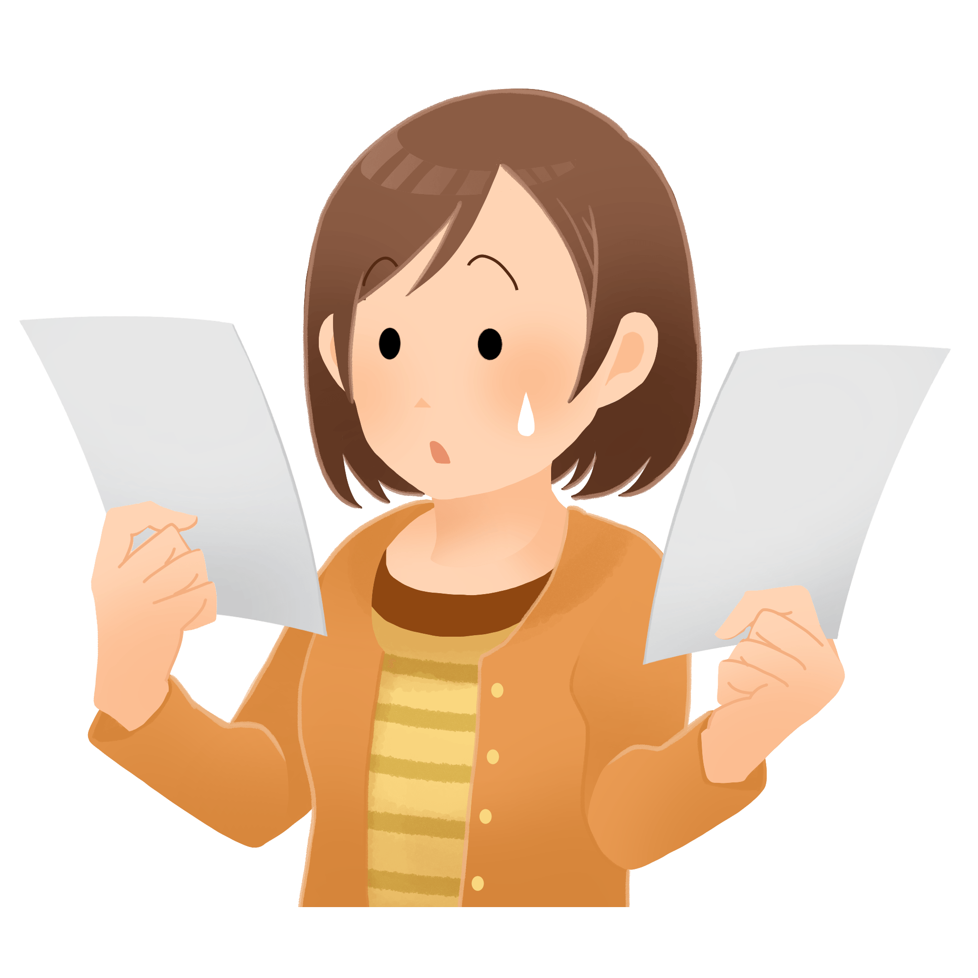 書類を手に悩んでいる女性